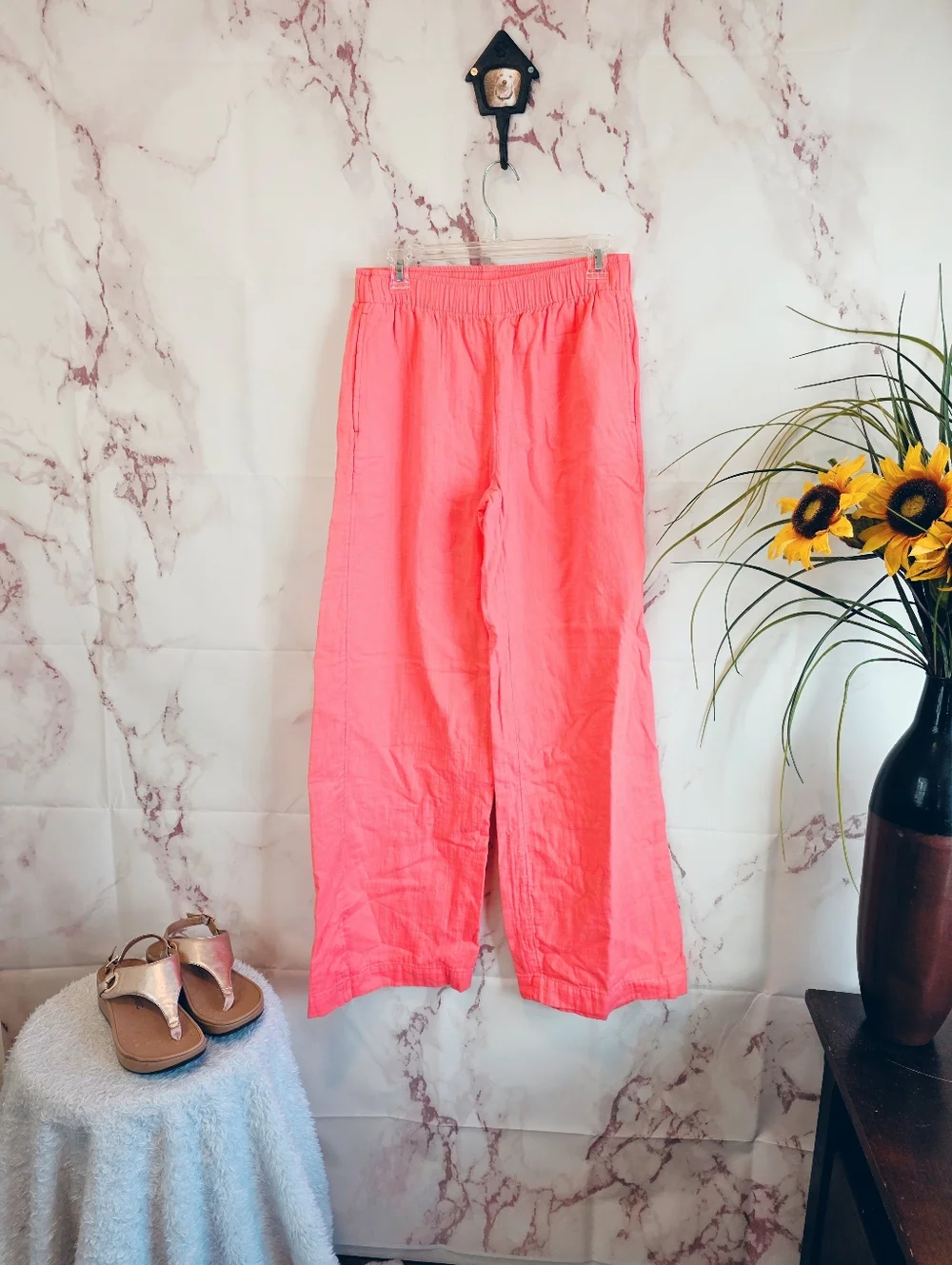 Old Navy Wide Leg Pants Tall Coral Linen Blend Elastic Waist Side Slit S - Picture 2 of 6